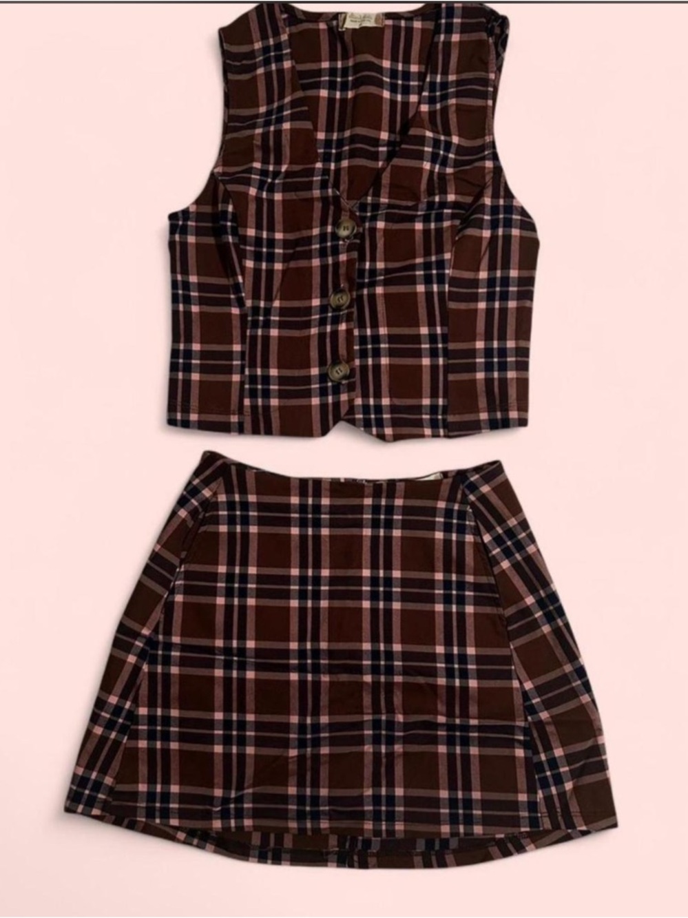 Brown Plaid Two-Piece Vest and mini Skirt Set